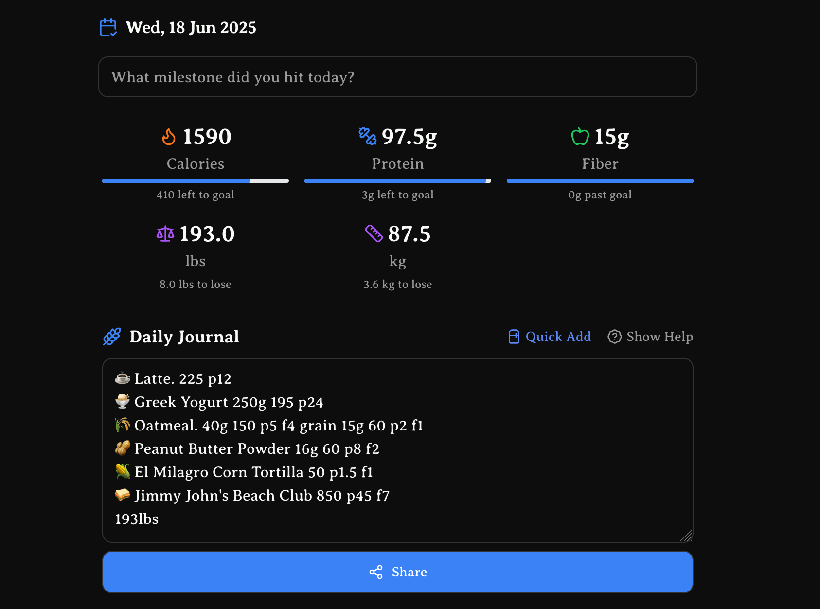 Tallix app interface showing nutrition tracking